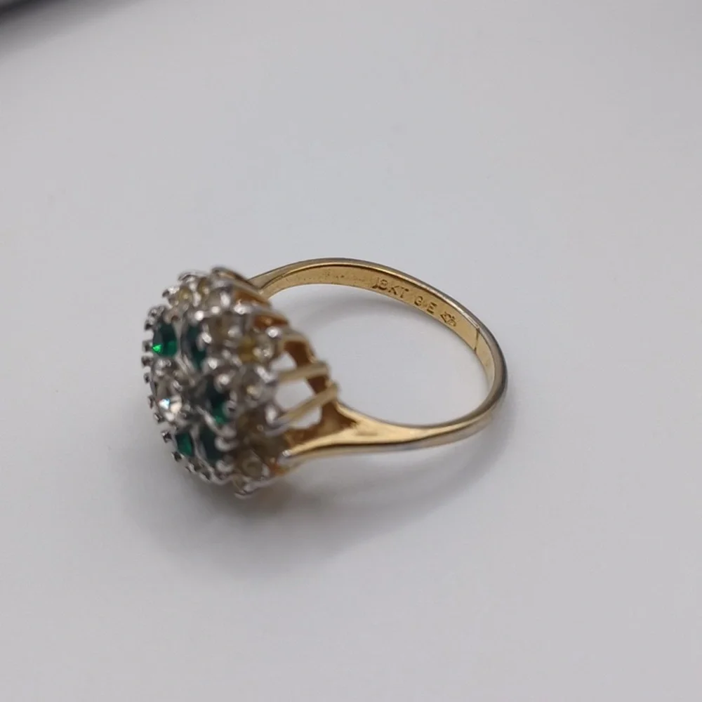 18K GE Ring With Green and Clear Rhinestones Floral Design Sz 8